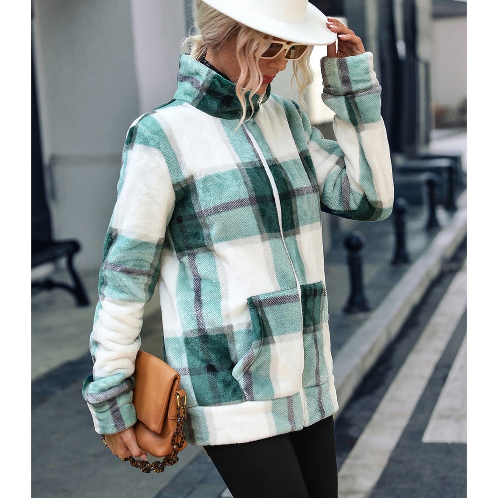 Zipper Front Plaid Print Jacket - Picture 3 of 6